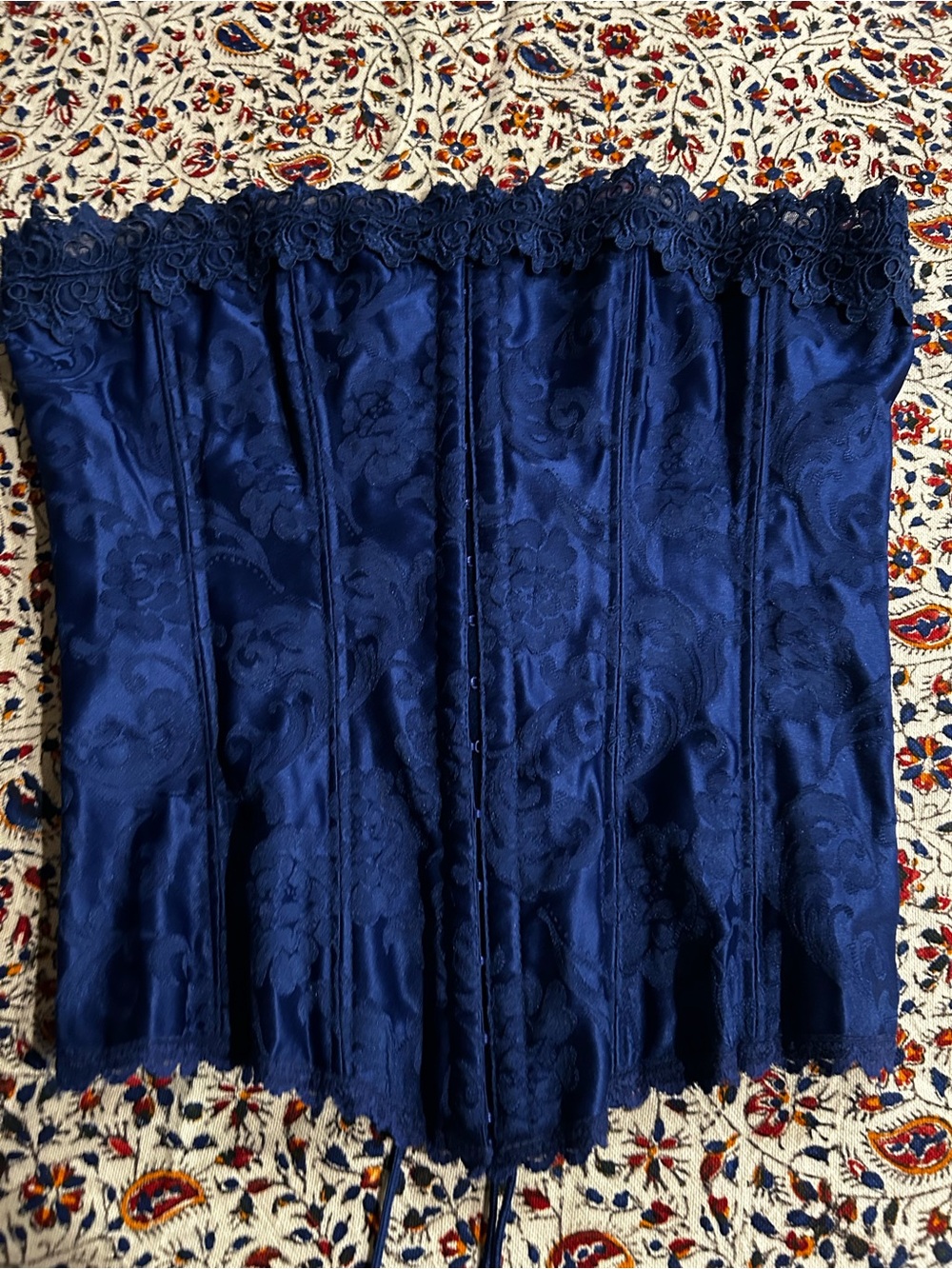 Navy Floral Jacquard Lace-Trim Corset Top